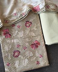 TAUPE BLOSSOM EMBROIDERED TISSUE PRINT SALWAR SUIT SET