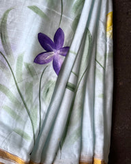 Mint Meadow Linen Hand Painted Saree