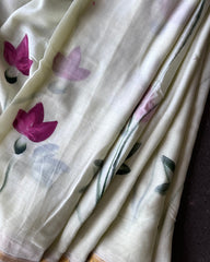 Ivory Petal Linen Hand Painted Saree