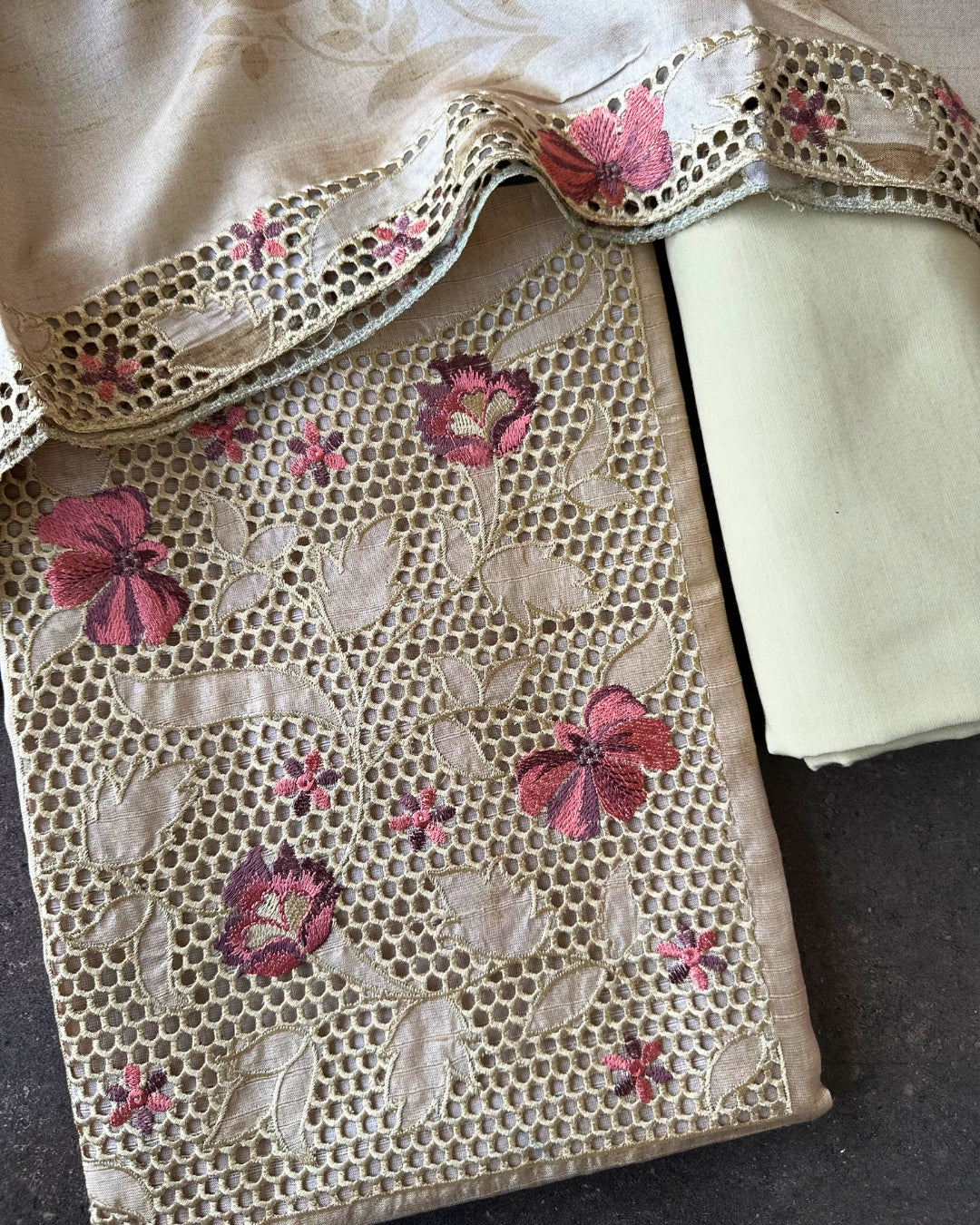 TAUPE BLOSSOM EMBROIDERED TISSUE PRINT SALWAR SUIT SET