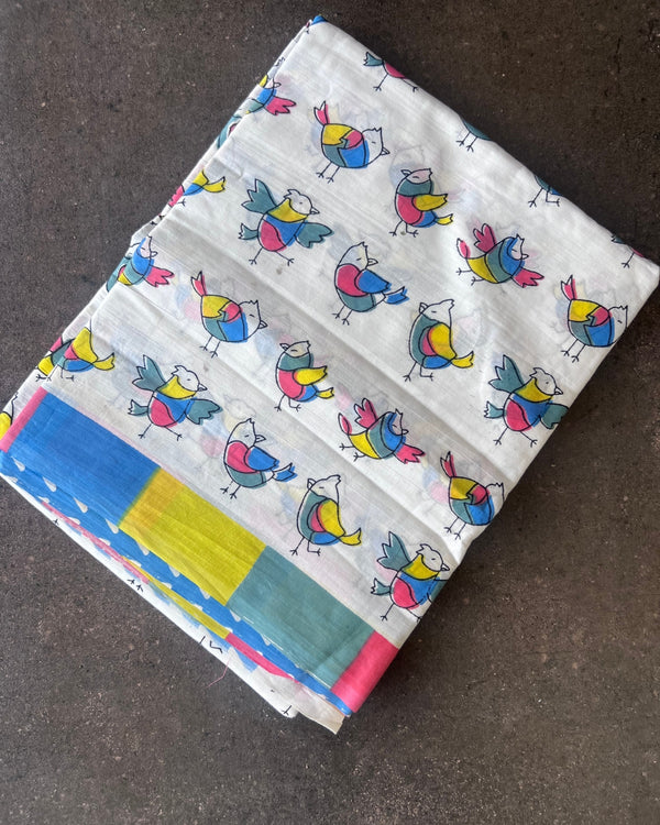 Pastel Birdsong Mul Mul Saree