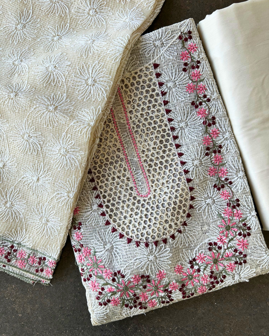 IVORY BLOOM EMBROIDERED TISSUE PRINT SUIT SET