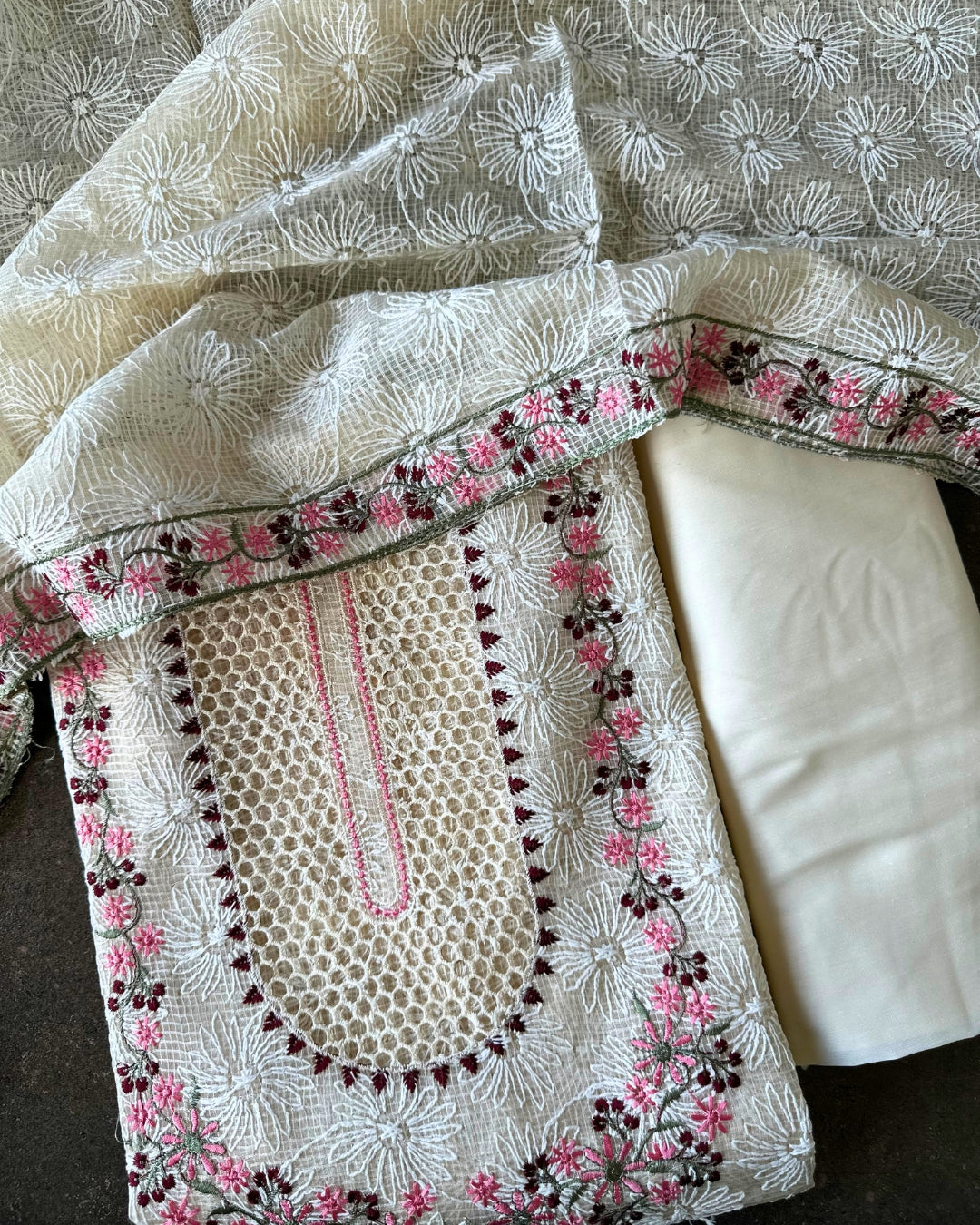 IVORY BLOOM EMBROIDERED TISSUE PRINT SUIT SET